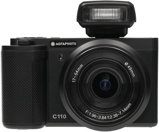 Zwarte AgfaPhoto C110 camera met flitser en lens.