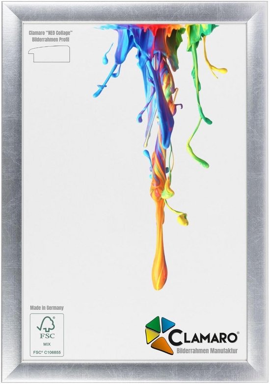 Zilverkleurige fotolijst met verfspatten in regenboogkleuren als voorbeeldafbeelding.