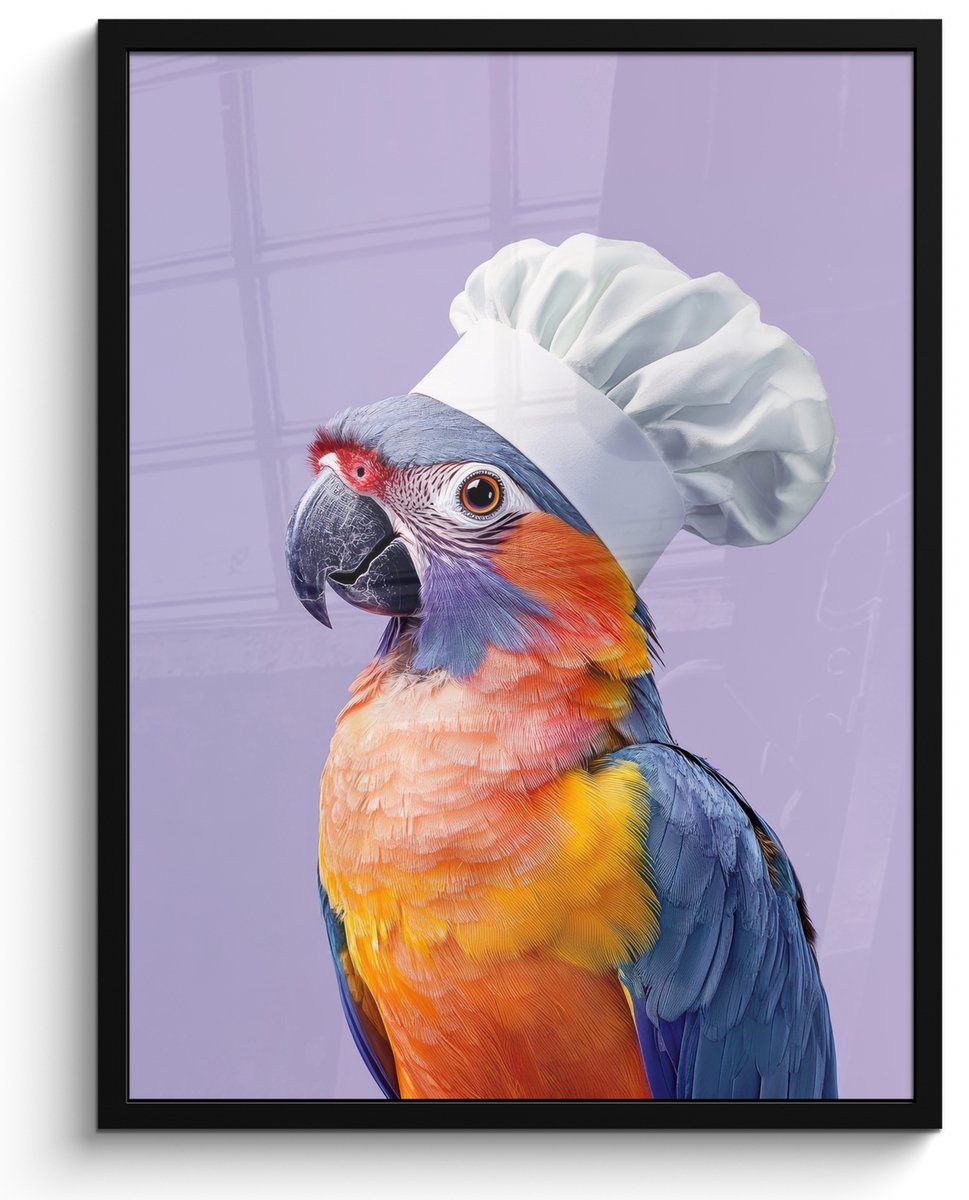 FrameYourWall Fotolijst inclusief poster - Posterlijst 50x70 cm - Posters - Papegaai - Koksmuts - Paars - Cute - Foto in lijst - Keuken decoratie muur - Wanddecoratie accessoires - Muurdecoratie - Schilderijen Koksmuts - Parkiet