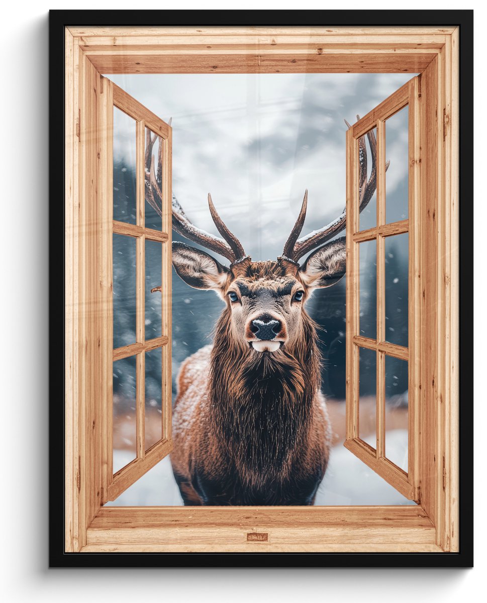 FrameYourWall Poster in lijst - Fotolijst 50x70 cm - Posters - Doorkijk - Hert - Dieren - Winterlandschap - Sneeuw - Posterlijst zwart - Decoratie - Wanddecoratie woonkamer - Muurdecoratie slaapkamer