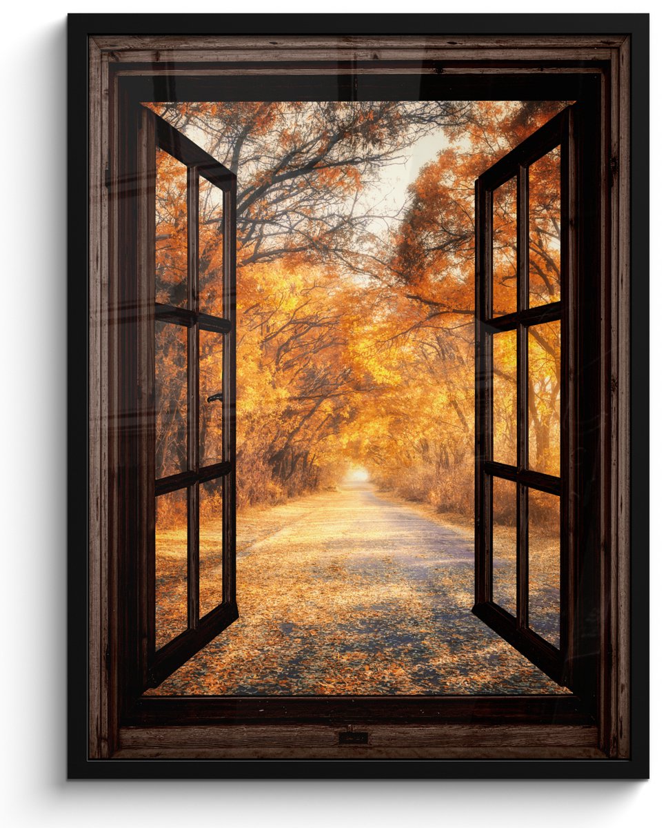 FrameYourWall Poster in lijst - Fotolijst 50x70 cm - Posters - Bos - Herfst - Bomen - Bospad - Natuur - Doorkijk - Posterlijst zwart - Decoratie - Wanddecoratie woonkamer - Muurdecoratie slaapkamer Bruin
