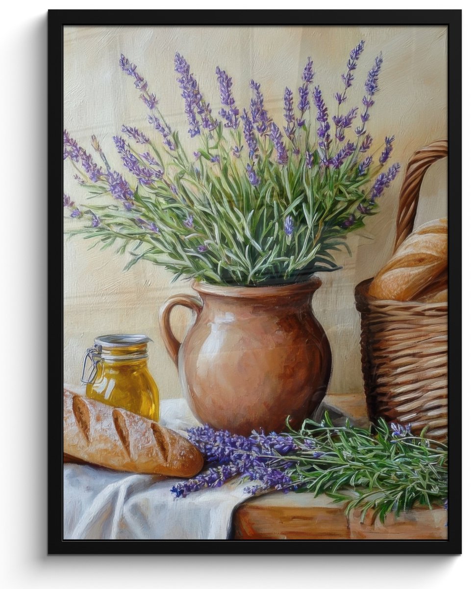 FrameYourWall Poster in lijst - Fotolijst 50x70 cm - Posters - Lavendel - Brood - Stilleven - Posterlijst zwart - Decoratie - Wanddecoratie woonkamer - Muurdecoratie slaapkamer Lavendel - Stilleven