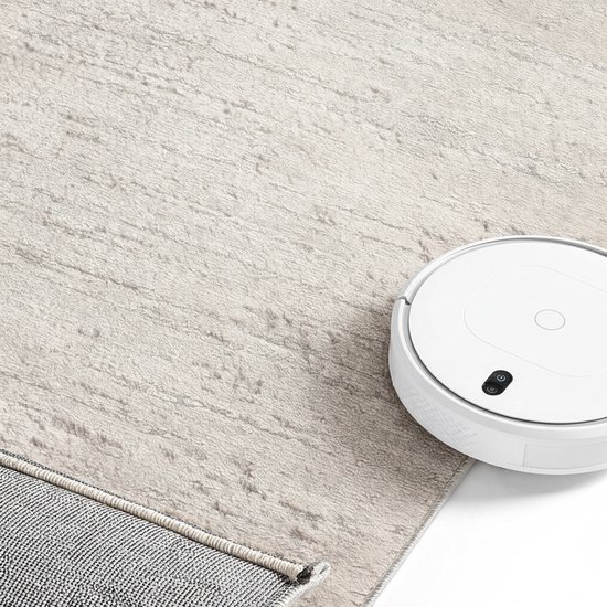 Tapis gris clair à motif subtil avec un robot aspirateur blanc à côté.