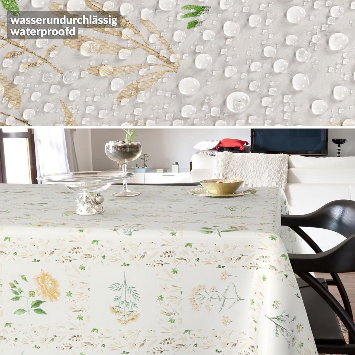 Waterafstotend Tafelkleed 220x140 cm - Afwasbaar Zeildoek met Bloem Karomotief in Beige