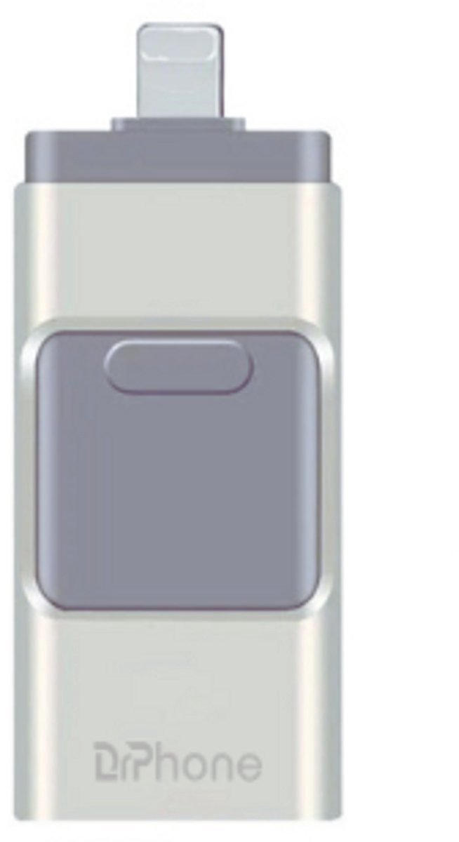DrPhone 128GB 3-in-1 Flashdrive USB Stick – USB 3.0 + Micro USB + Lightning – Inclusief USB-C OTG Adapter – Geschikt voor iPhone, Android & Tablet – Zilver