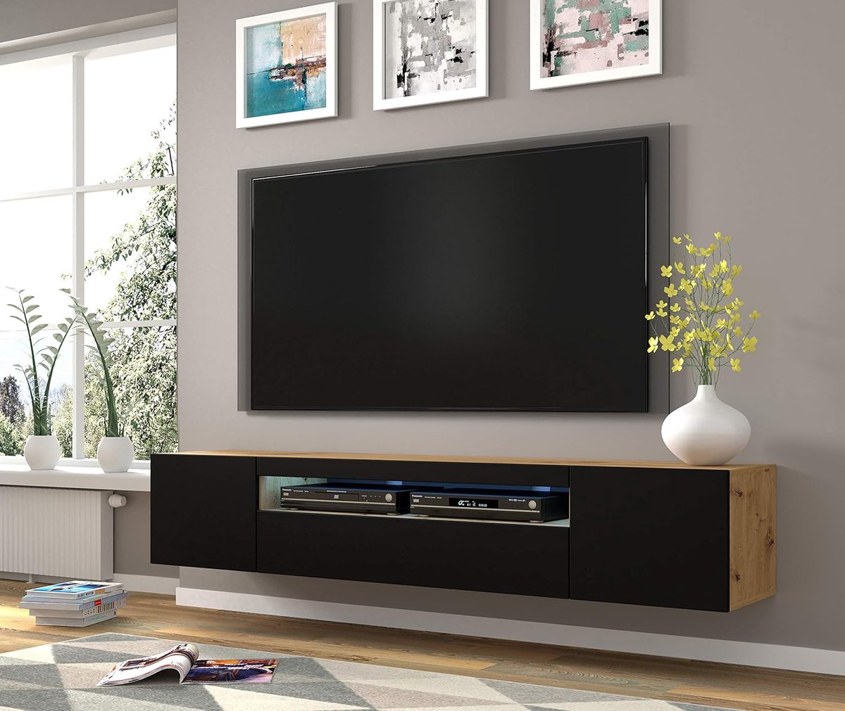 TV-meubel 200 x 37 x 42 cm – Hangend of Staand Dressoir met LED en Opbergruimte – Artisan Eiken & Mat Zwart – Modern Design – Abkantoor