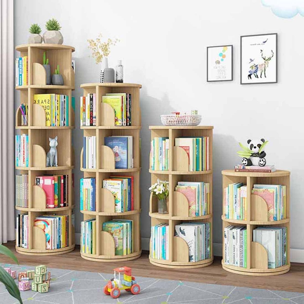 Draaibare Zeshoekige Boekenkast 360° - Houten Vloerstaande Opbergrek 5 Lagen