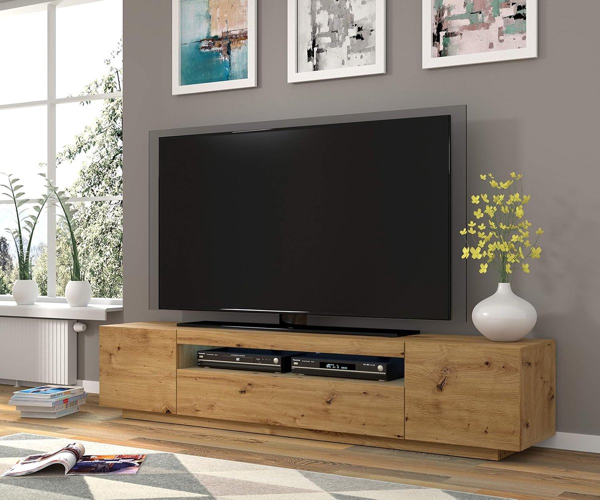 TV Meubel 200x37x42 cm Hangend of Staand – Modern Laag Dressoir met Opbergruimte & Kabeldoorvoer – Artisan Eiken – NovaWall 200 – Abkantoor