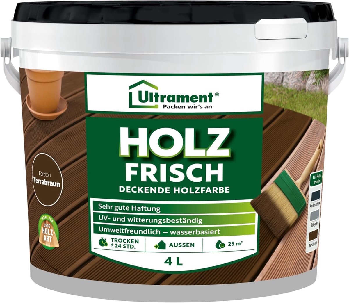 Ultrament Wood Fresh - Dekkende houtverf, vloerverf voor buitenhout, 4 liter (Terra Brown)