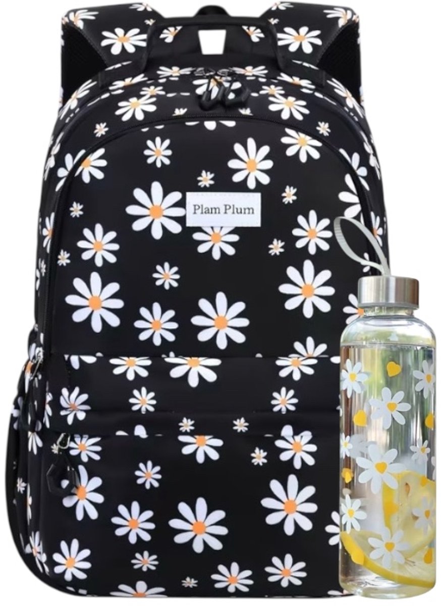 Twenty Two 2-delig set schooltas met drinkbeker voor meiden/tieners | 15.6 inch laptoptas | groot capaciteit | veel vakken | lichtgewicht | rugtas voor school, reizen, werk | 30x19x44cm | bloemenprint | zwart-wit