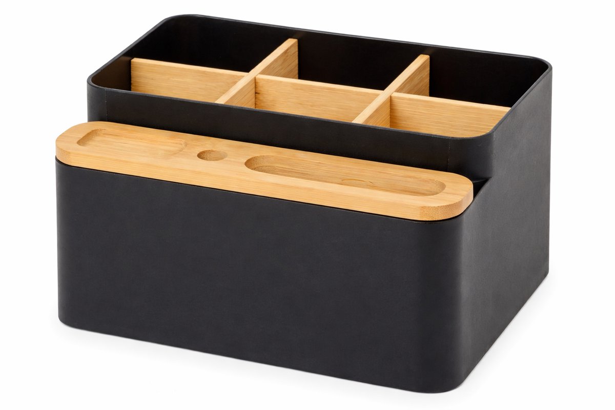 Bureau Organizer Zwart met Bamboe Verdelers – Desk Organizer voor Pennen en Bureau Accessoires – 18 x 16 x 10 cm