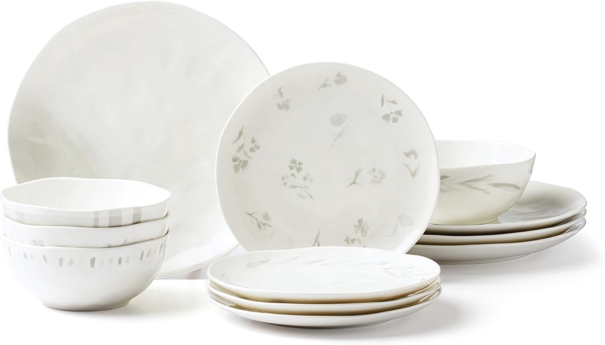 12-Delige Porseleinen Servies Set Wit met Grijze Accent, 4 Personen