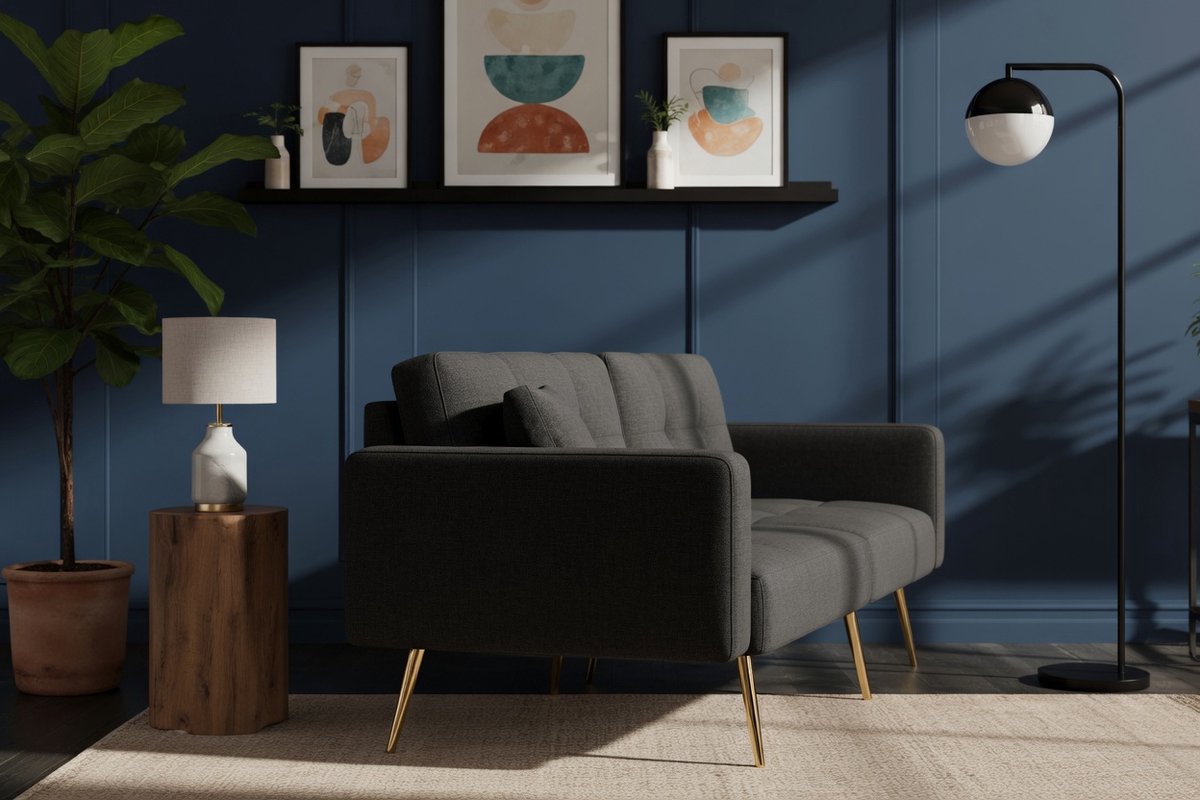 Luxe Verstelbare Slaapbank met Bedfunctie, Donkergrijs – Comfortabele 2-Zits Sofa met Gouden Poten, Opbergvakken en Zachte Lamswollen Bekleding – Furniture Land