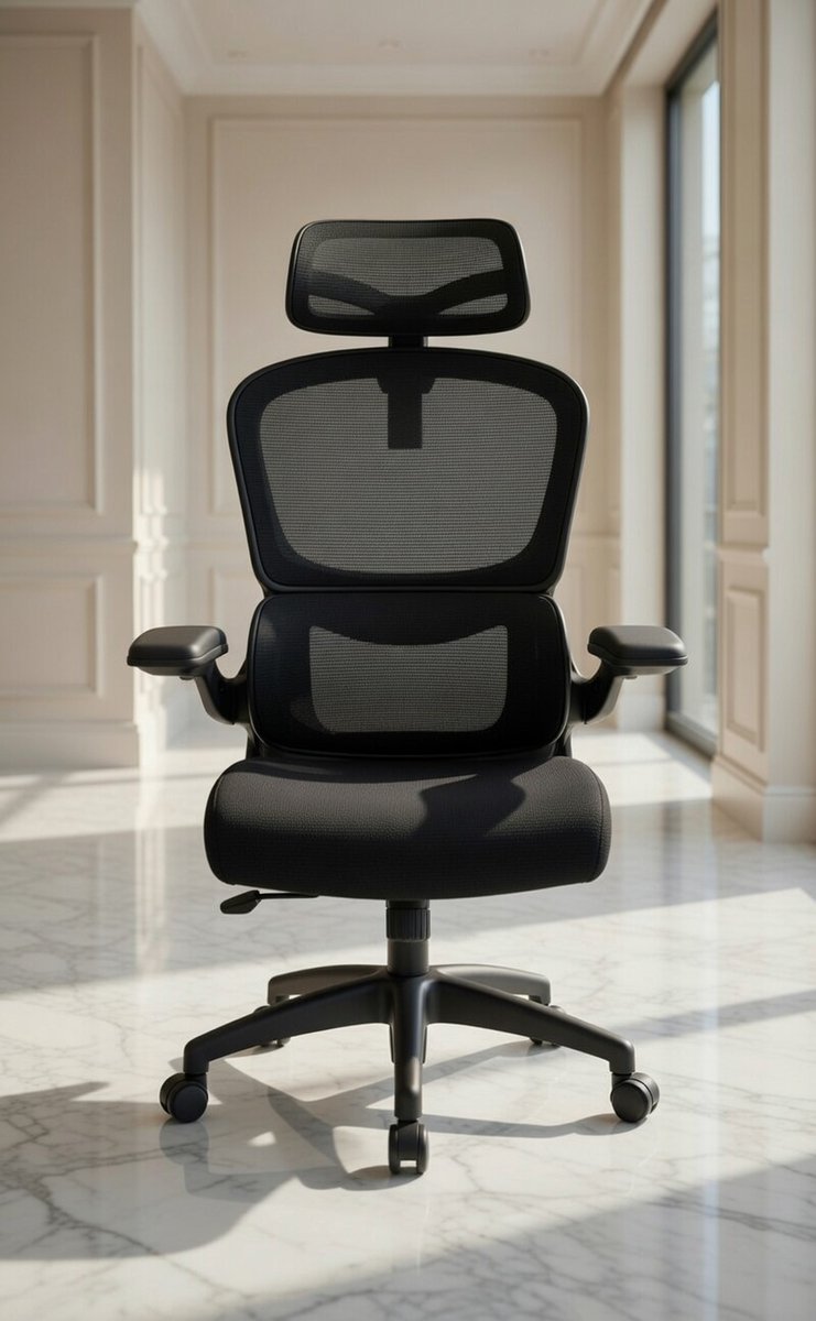 Ergonomische Bureaustoel Casa Serena - Verstelbare Managerstoel met Hoofdsteun, Lendensteun en Opvouwbare Fauteuils - Kantelbaar tot 135° - Zwart - Comfortabele Mesh & Schuim - Vakbekwaam tot 150 kg