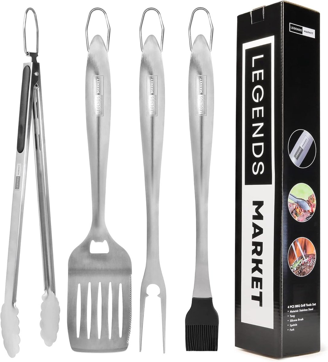 RVS Barbecue Gereedschap Set 4 Delig - Grill Accessoires met Tang, Spatel, Vork & Borstel