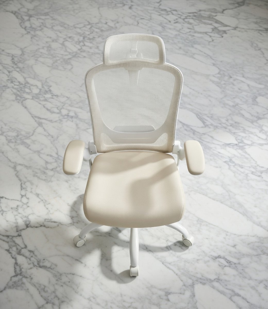 Ergonomische Bureaustoel Met Mesh, Hoofd- en Lendensteun, Kantelfunctie, Inklapbare Armleuningen, Comfortabel Zitkussen 53 cm - Ideaal voor Thuiswerk, Kantoor, Studenten - Cappuccino Beige Casa Ser...