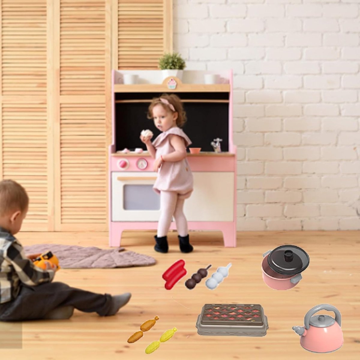 59-delige set speelgoedaccessoires voor kinderen, speelkeuken met BBQ-kookset met potten en pannen, kookgerei, gesneden speelgoedvoedselset, speelgoedgroenten, speelkeuken voor meisjes en jongens (roze) — afbeelding 4