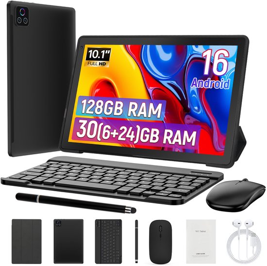 Hotlight C108 - Android 16 Tablet - 10.1 inch - 30(6+24)GB RAM/128GB ROM - Gemini AI - Wifi 6 - Met Toetsenbord, Muis, Oordopjes & Bescherming – Zwart