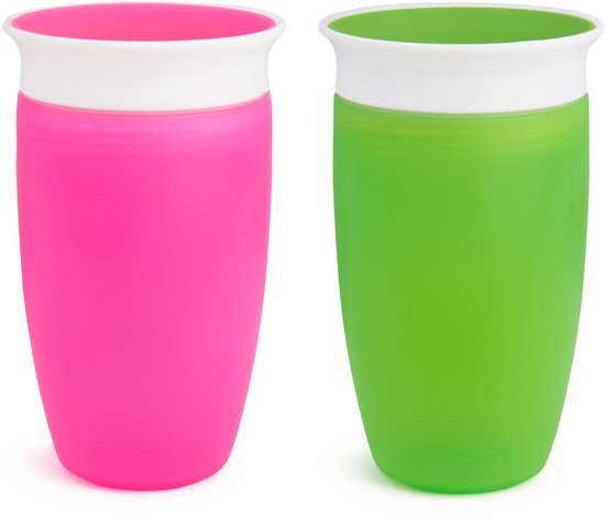 Munchkin 2pk Miracle Anti-Lek 360° Drinkbeker - Sippy Cup - Oefenbeker voor Baby en Kind - 296ml - 2 Stuks - Roze/Groen