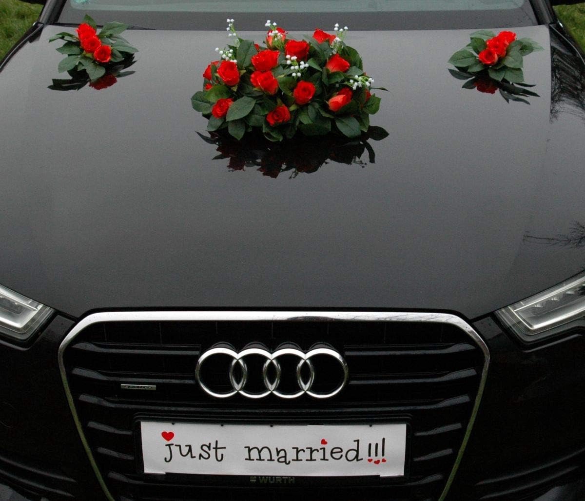Bruiloft Auto Decoratie Roos Boeket met Duiven en Hart voor Bruidspaar