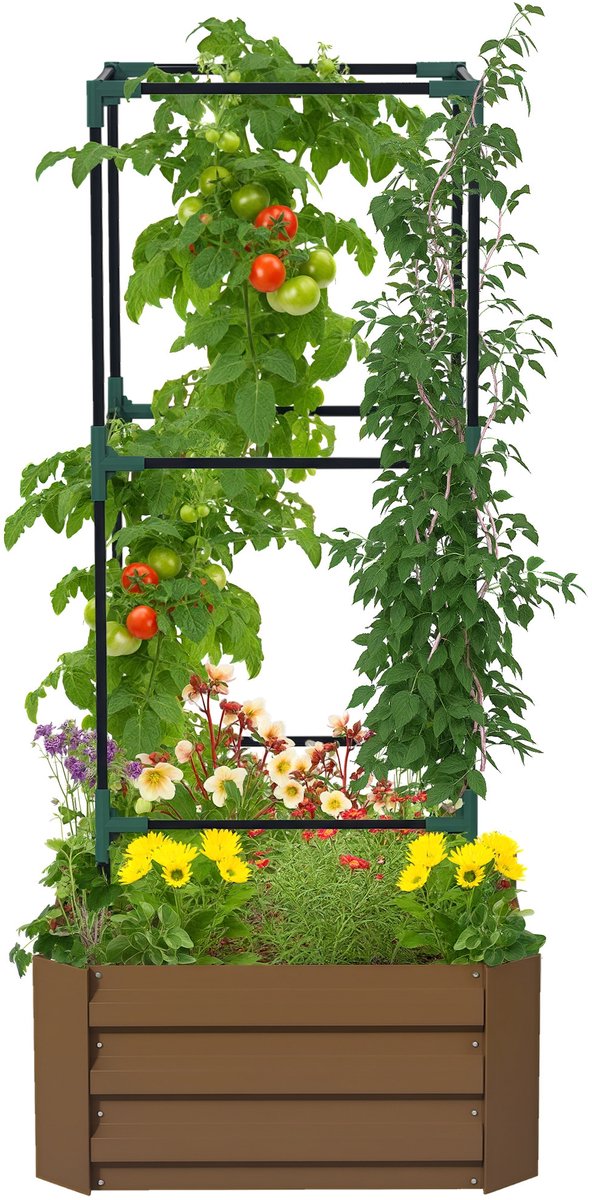 Killogood Verhoogd bloembed met klimrek - plantenbakken met klimsteunen - open bodem voor bescherming tegen weersinvloeden - 61 cm x 61 cm x 140 cm - bruin.