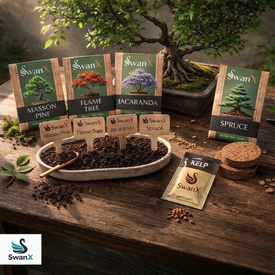 Bonsai zaden en plantbenodigdheden op een houten tafel. Vier zakjes zaden, kokosvezelpellets, kelp-meststof en een kleine bonsai boom.