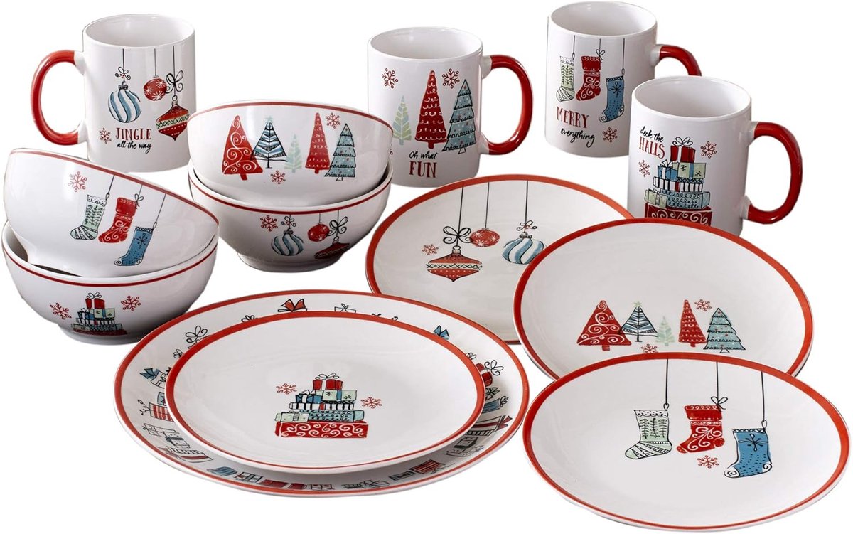 16-delige Kerstservies Set - Diner- en Saladeborden in Steenlook - Wit/Rood
