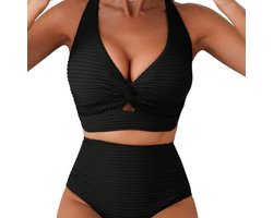 Dames push-up bikini set: sexy V-hals top met twist, corrigerend effect voor de buik met verstelbare bandjes en een bikinibroekje met hoge taille, perfect voor strand en zwembad. Zwart M
