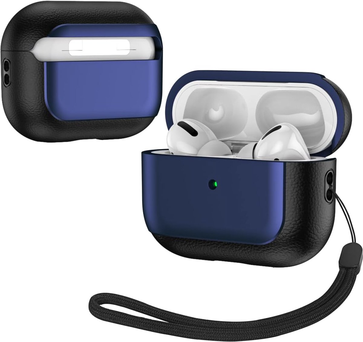 Luxe Leren AirPods Pro 2 Hoesje met Draagkoord - Schokbestendige Beschermhoes Donkerblauw