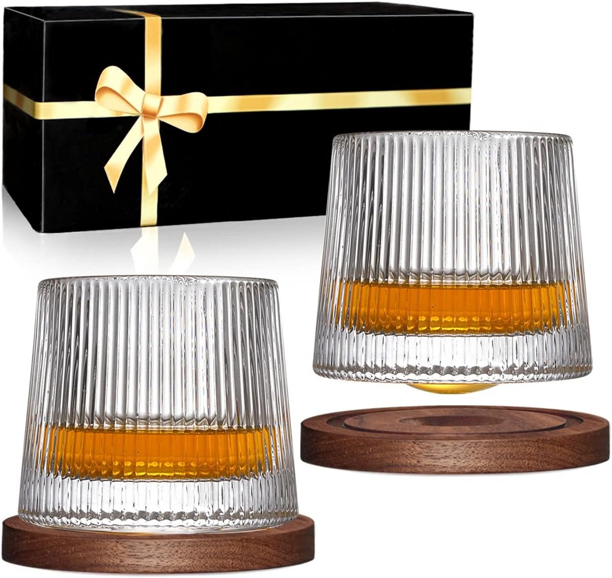 Whisky Glazen Set van 2 met Draaibaar Ontwerp en Walnoot Onderzetters