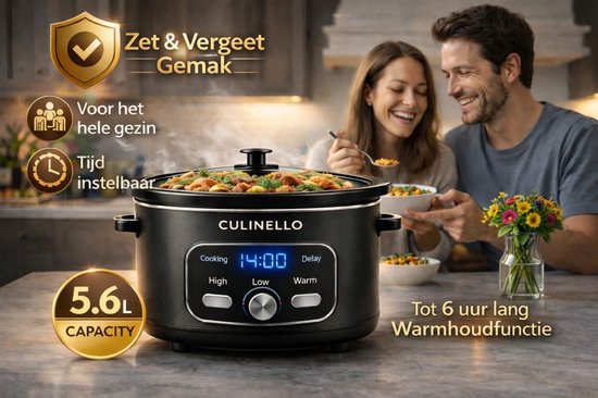 Zwart Culinello slowcooker met een inhoud van 5.6L, met stelbare timer, voor het hele gezin. Een stel lacht in de keuken.