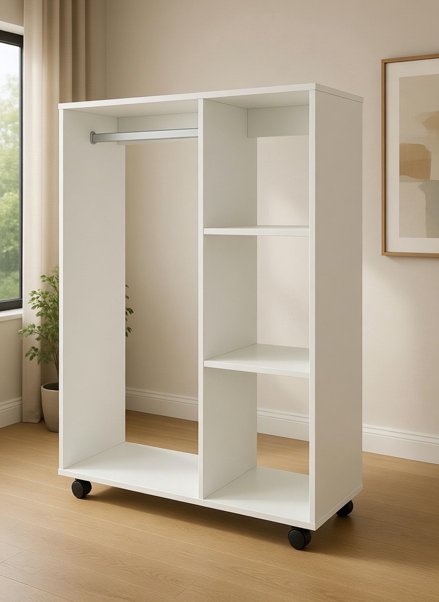 Moderne Kledingkast met Open Vak en 3 Planken op Wieltjes – Opbergkast voor Slaapkamer en Woonkamer – Wit – 80 x 40 x 110 cm | NoviHome