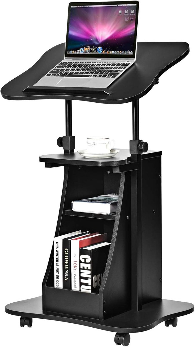 In Hoogte Verstelbare Laptoptafel op Wielen - Mobiele Bureau met Opbergvak