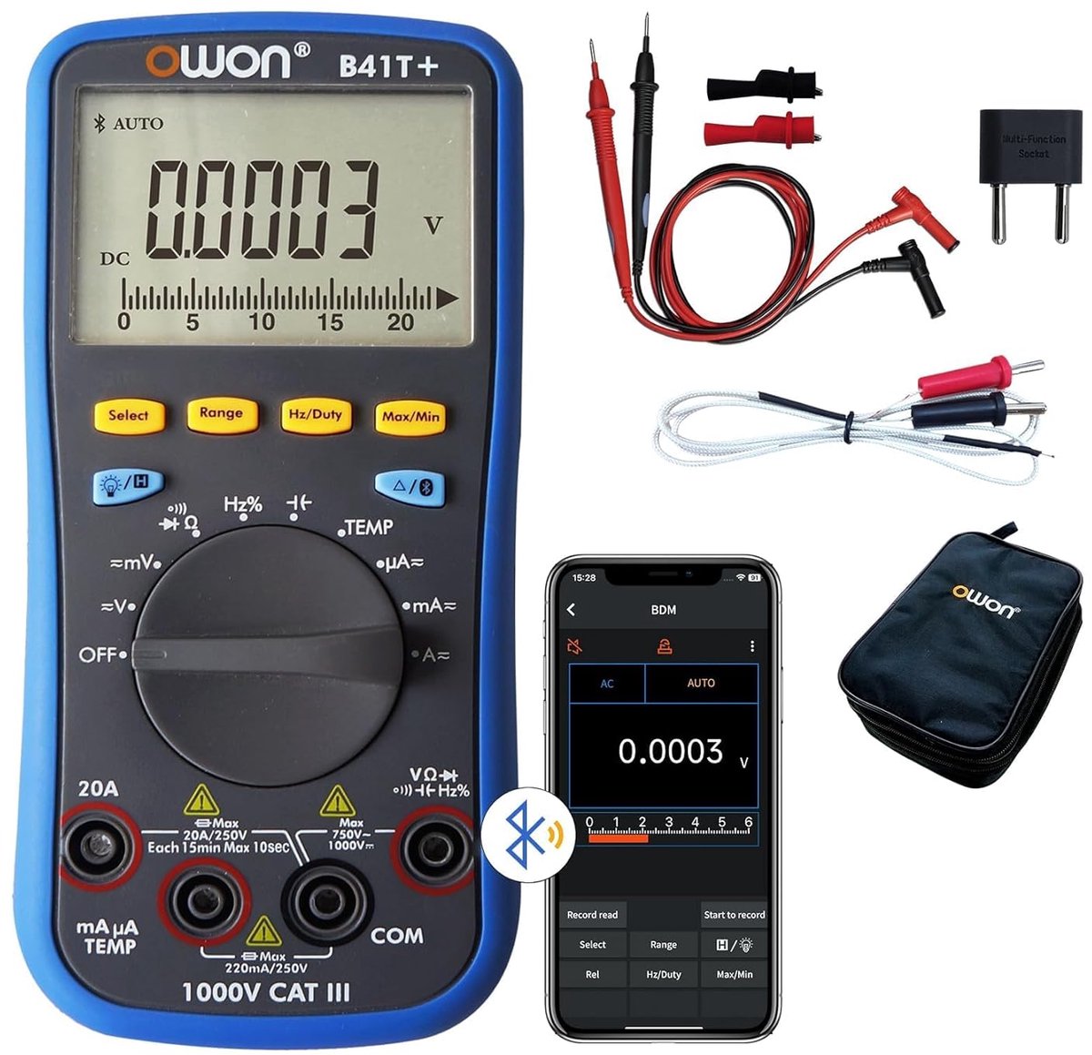 Digitale Multimeter met Bluetooth Auto-ranging TRMS 22000 Counts voor Stroom, Spanning, Weerstand en Temperatuur
