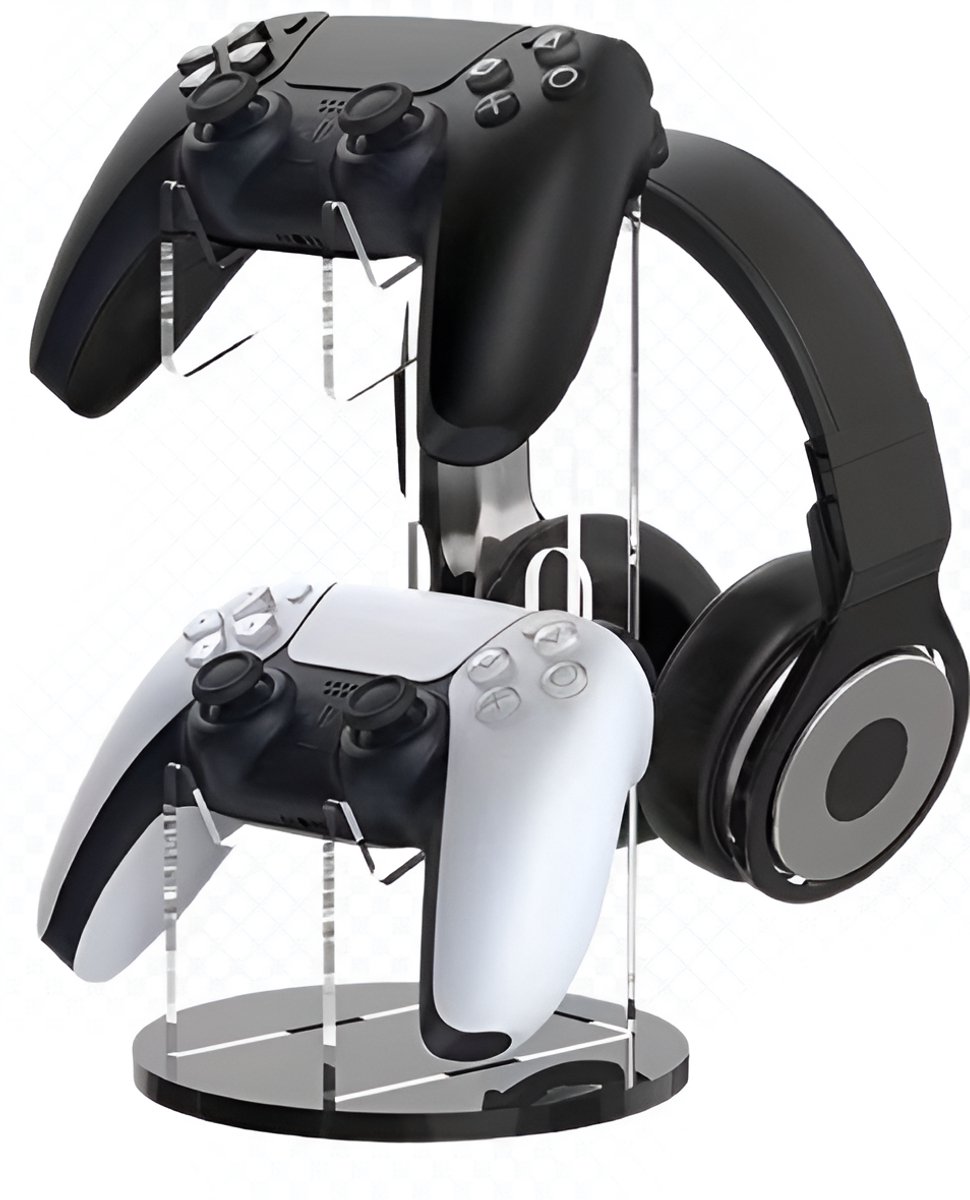 Controller Houder voor 2 Controllers en Headset - Gaming – 23,5 cm – Acryl Zwart/Transparant