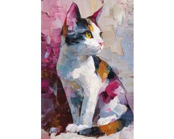K&C Art (Canvas schilderij) 80x120cm | Kat - poes - dier - roze - paars - wit - zwart - grijs - blauw - oranje - geel - kunst | Woonkamer - slaapkamer - hal - kantoor | Foto schilderij print op canvas - wanddecoratie - muurdecoratie - wall art