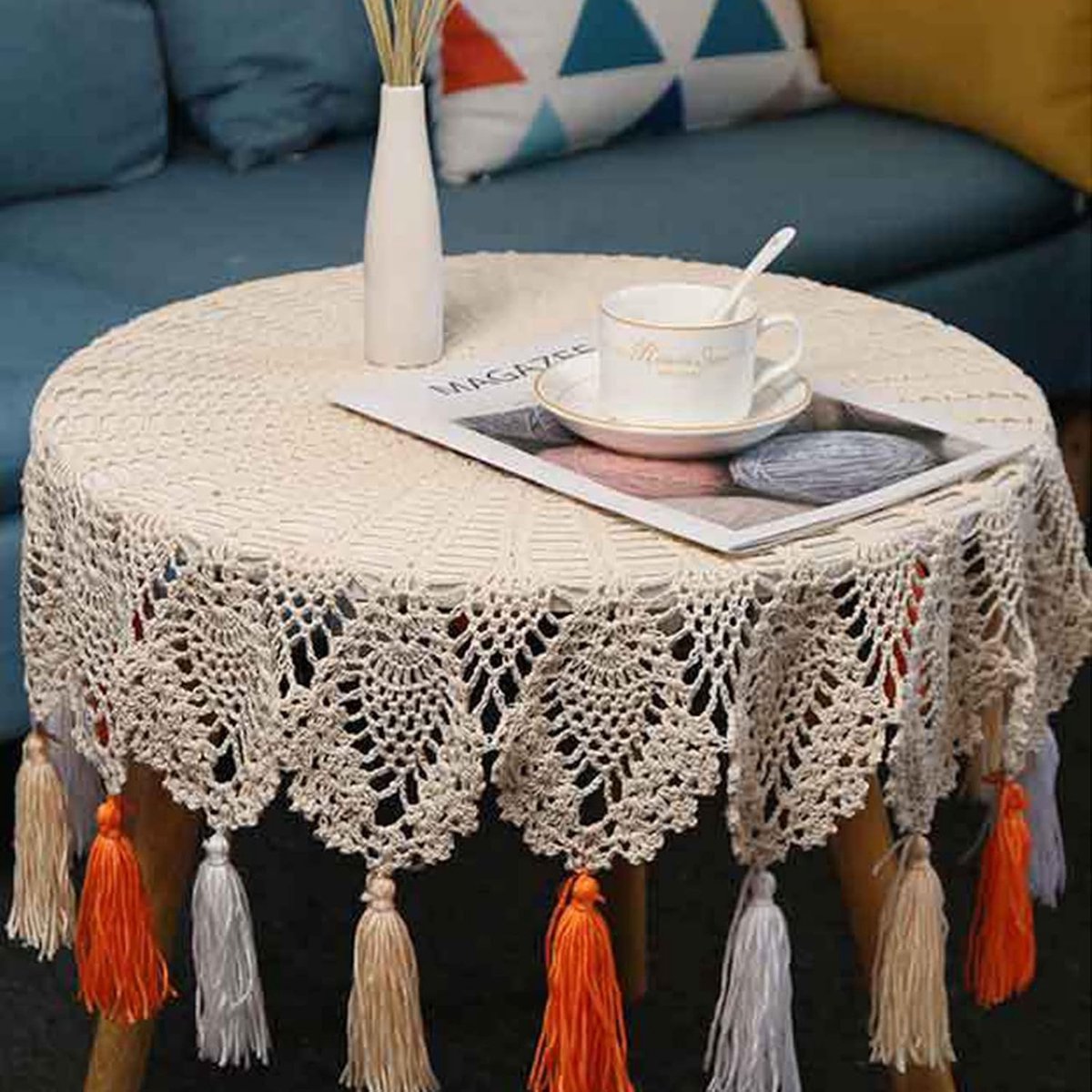 Ronde Handgemaakte Haak Kleed Katoen Vintage Tafelkleed 80cm Beige