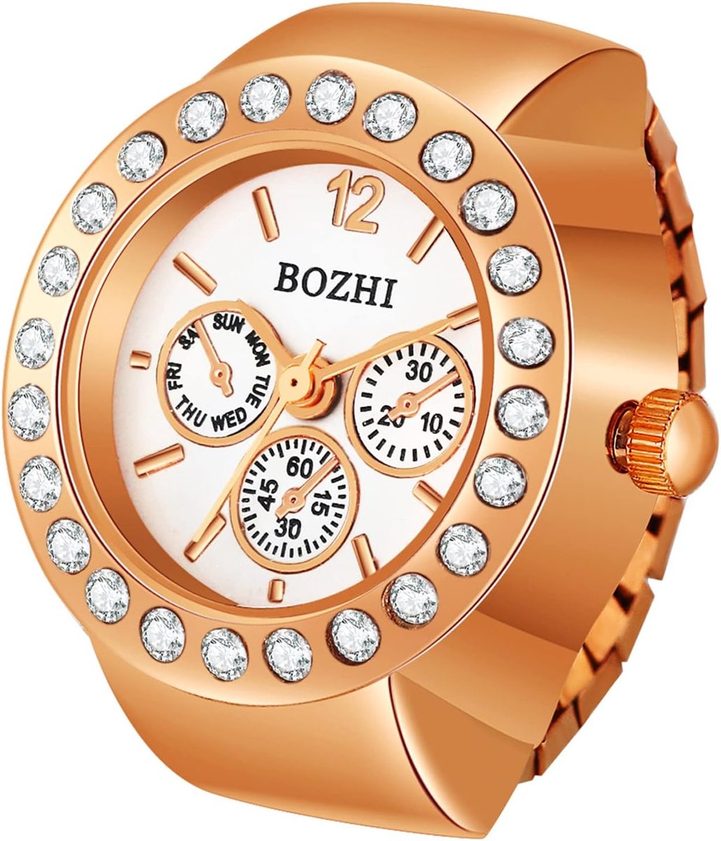 Ringhorloge Analoog - Vingerhorloge Dames - Tijd Aflezen - Arabische Cijfers - Elastische Band - Roségoud