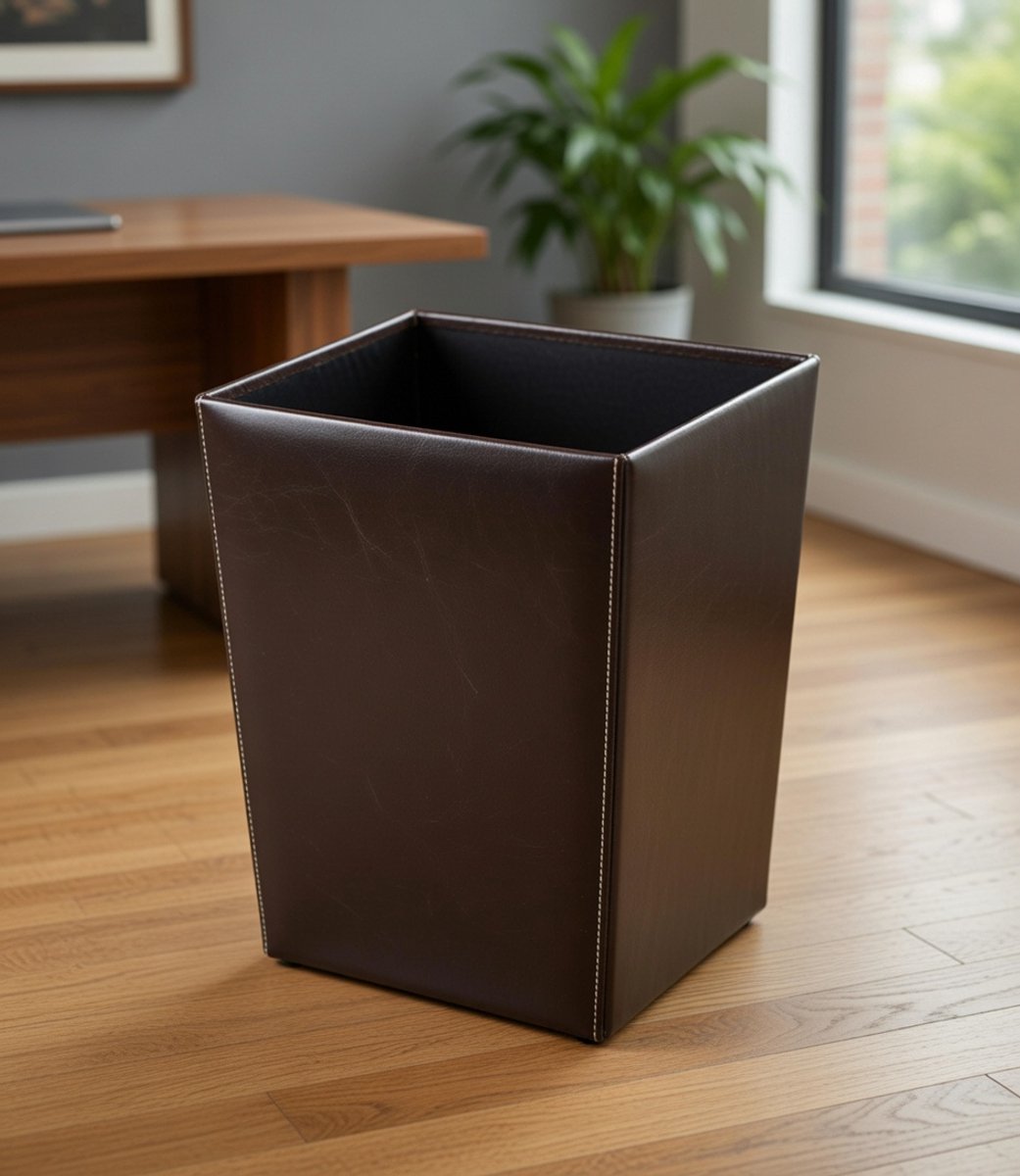 Papieren Prullenbak 16L 25 x 21 x 30 cm – Luxe Donkerbruin Cambridge Top Grain Rundsplit Leder – Design Bureau Afvalbak – Rechthoekige Papiermand voor Bureau, Kantoor & Werkplek – Handgemaakt Premium Leder – Abkantoor