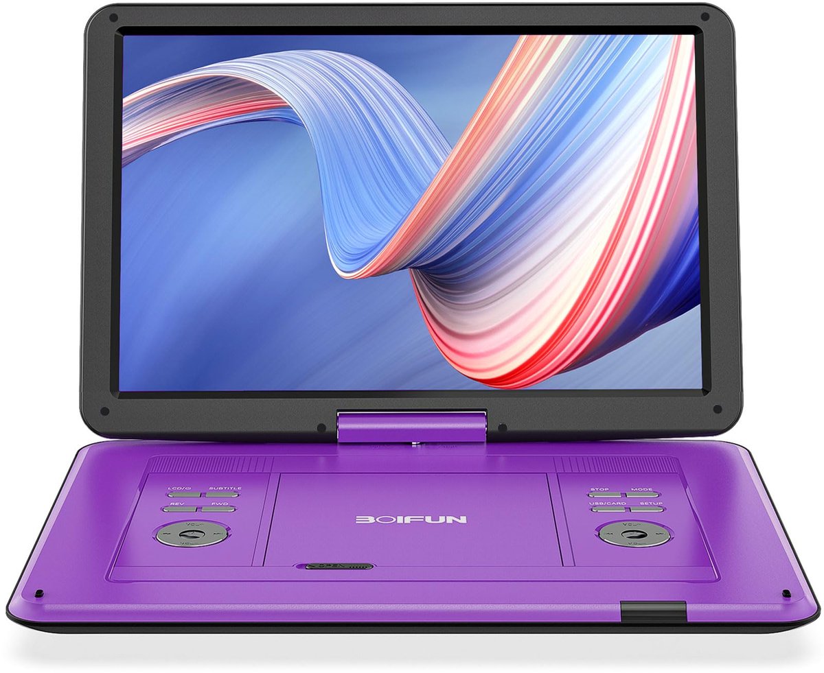 Boifun 17,5" Draagbare DVD Speler - 15,6" HD Groot Graaibaar Scherm - voor in de auto - 4-6 Uur Speeltijd met Batterij - Geheugen-Afspeelfunctie - Ondersteuning USB/TF-kaart [Blu-ray niet Ondersteund] - Paars