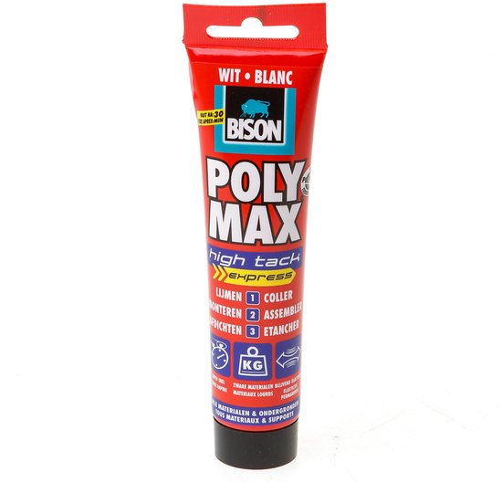 Rode tube Bison Poly Max High Tack Express lijm, met blauw en wit logo en tekst.