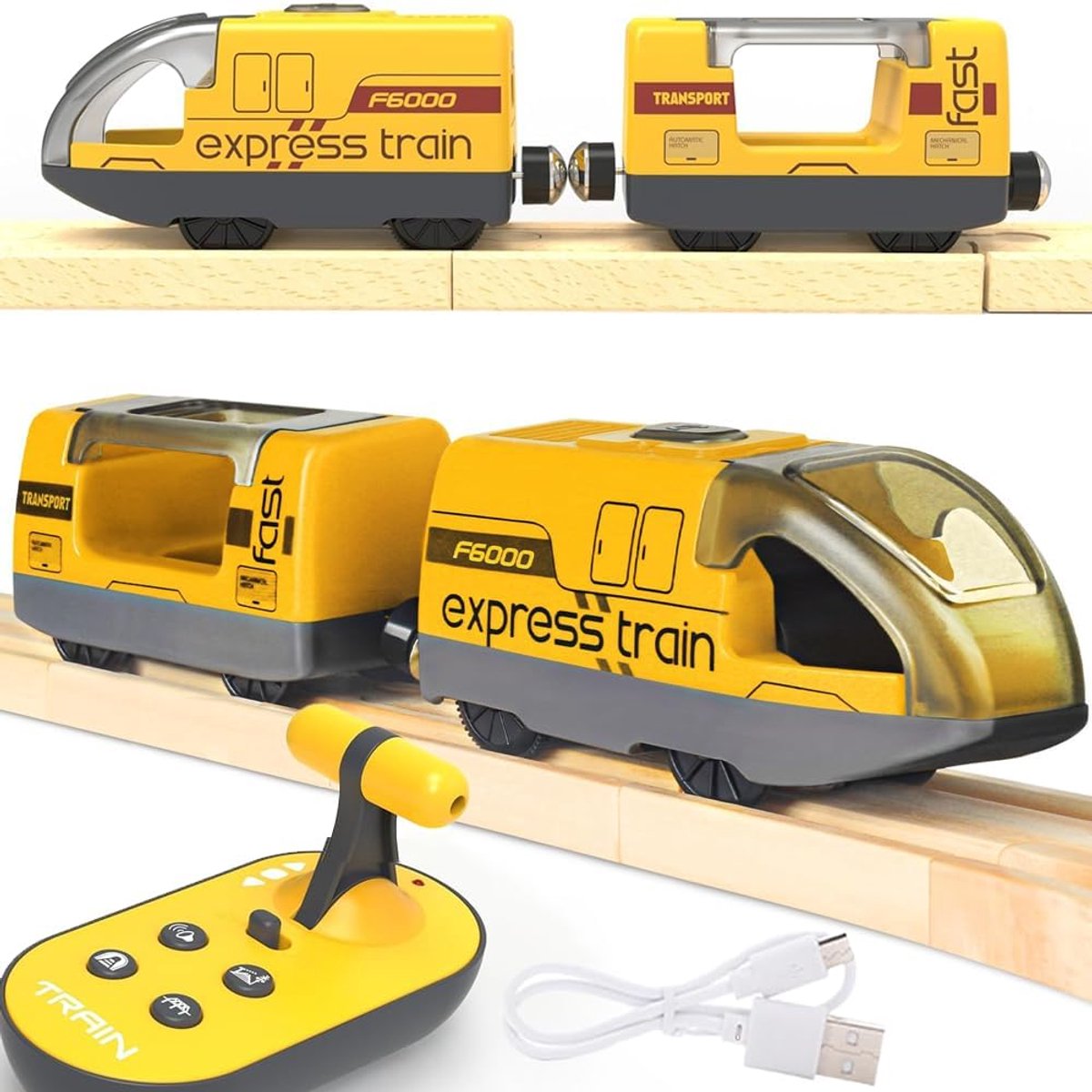 Gemotoriseerde houten trein met afstandsbediening en magnetische verbinding - Trein op batterijen voor peuters van 3-7 jaar (geel)