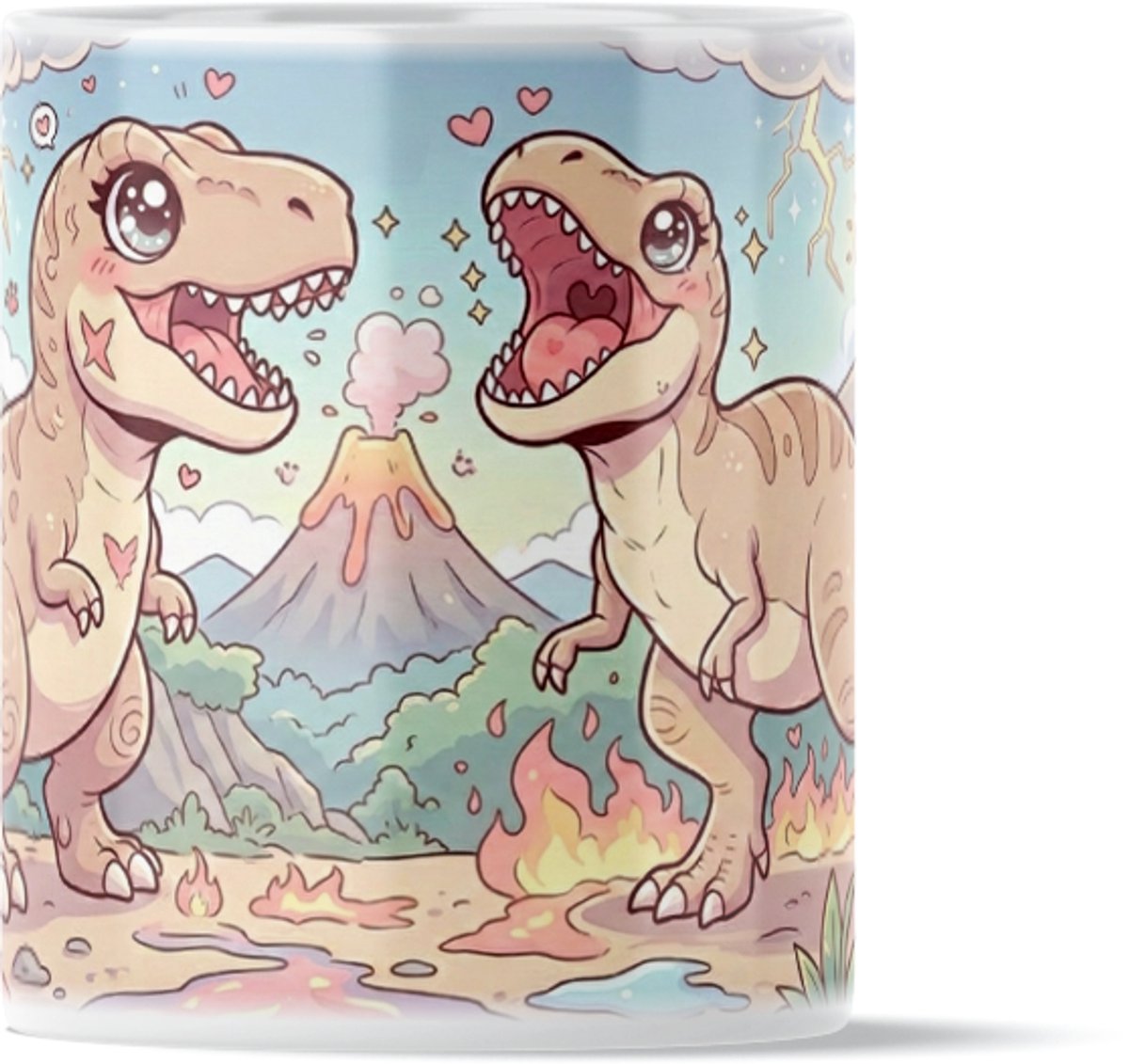 Dinosaurus Mok "Kawaii Series" T-Rex - Schattige Brullende Tyrannosaurus Rex met Vulkaan & Bliksem - Stoer maar Lief Cadeau - Dino Mok Kantoor - Voor hem & haar: Kind, Vriend(in) & Collega - Grappige Prehistorische Bekers - Hartjes en Sterren Print