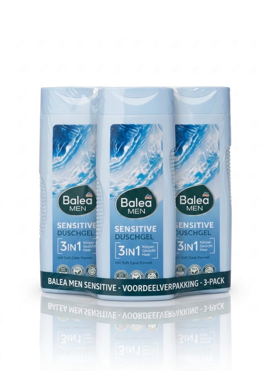 Balea MEN Sensitive Douchegel - 3 x 300 ml - Voordeelverpakking - 3-in-1 Body, Gezicht & Haar - Voor de Gevoelige Huid