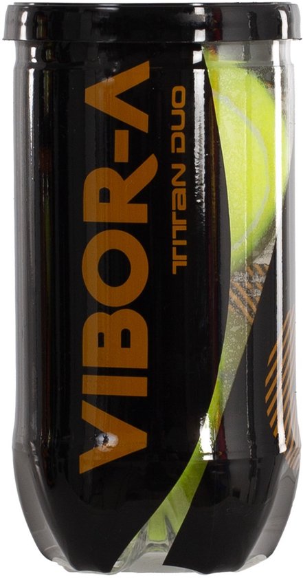 Zwarte buis met Vibor-A Titan Duo logo, met twee tennisballen erin.