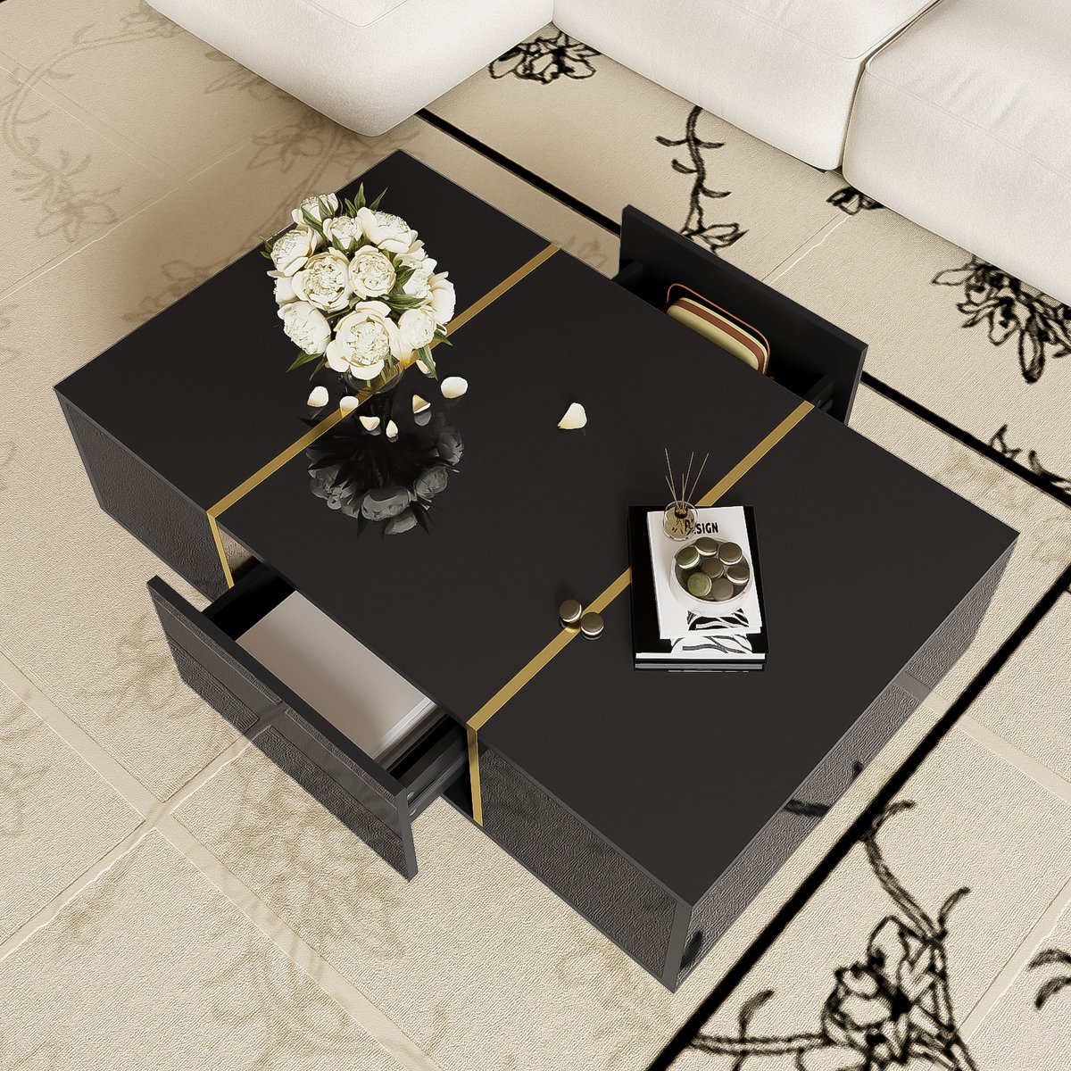 HAUSS SPOLE Salontafel - Hoogglans Met 2 Lades - Voor Woonkamer En Zitkamer - MDF Zwart Met Goud - 100x60x41,5 Cm