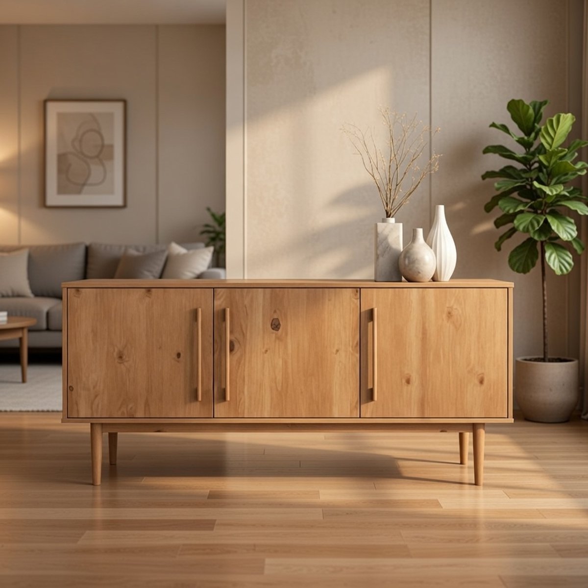 TECCA Massief Houten Dressoir – 3 Deuren, Eikenlook, Mid Century Stijl Woonkamermeubel met Verstelbare Planken en Hoge Poten – Opbergkast voor Woonkamer, Eetkamer of Kantoor Novihome