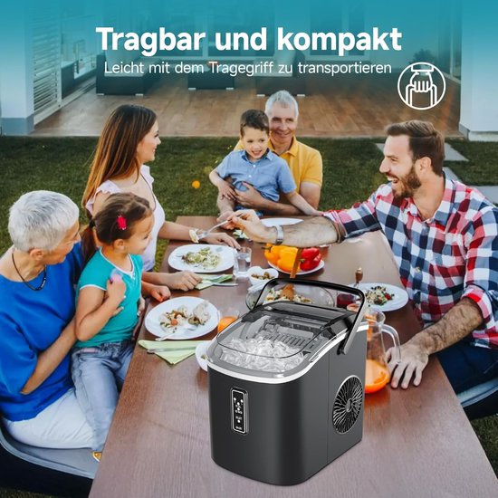 Kleine IJsblokjesmachine - 9 IJsblokjes in 6 Minuten - 12 kg per Dag - Zelfreinigend - Draagbaar met Handgreep - Mand & Schep - 2 IJsblokjesmaten - Voor Thuis & Keuken - Zwart van Merkloos — afbeelding 4