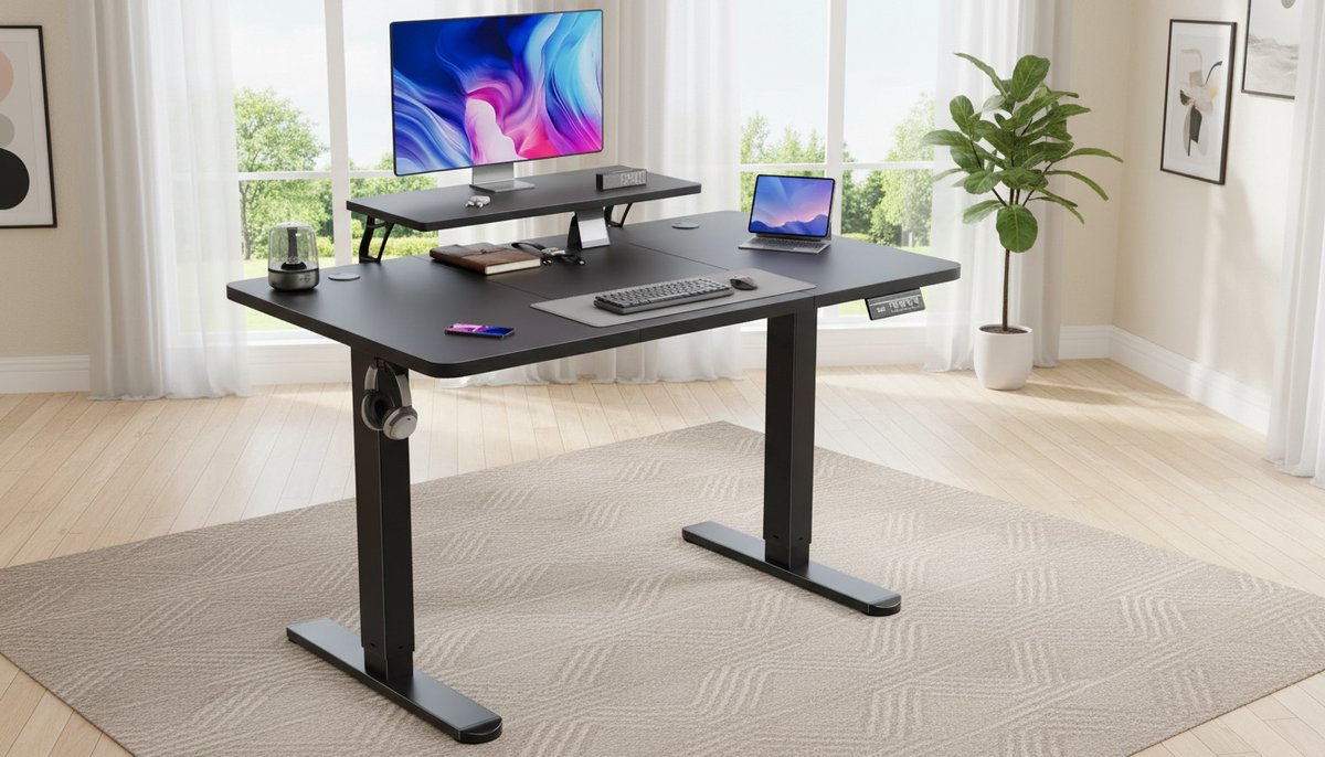 Electric Desk Casa Velluto Elevare Slim – 120x60 cm – Elektrisch In Hoogte Verstelbaar Zit-Sta Bureau met Monitorstandaard en Slim Paneel, Ergonomisch en Compact – Zwart