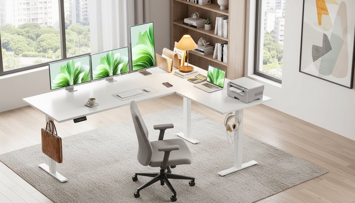 Electric L-Shaped Desk Casa Velluto Elevare Max – 180x140 cm – Elektrisch In Hoogte Verstelbaar Hoekbureau met Ergonomisch Zit-Sta Design, Geheugenfunctie en Anti-Botsingssysteem – Wit